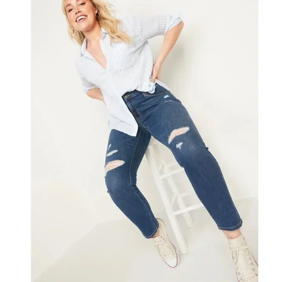 NEW Old Navy Power Slim Straight Zip Fly Mid-Dark Wash Distressed - 8S - Picture 2 of 15